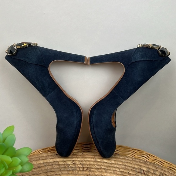 Miss Albright Suede Heels Pumps Navy Rhinestone Leather 6 Minnie Anthro Jewel - Picture 6 of 8
